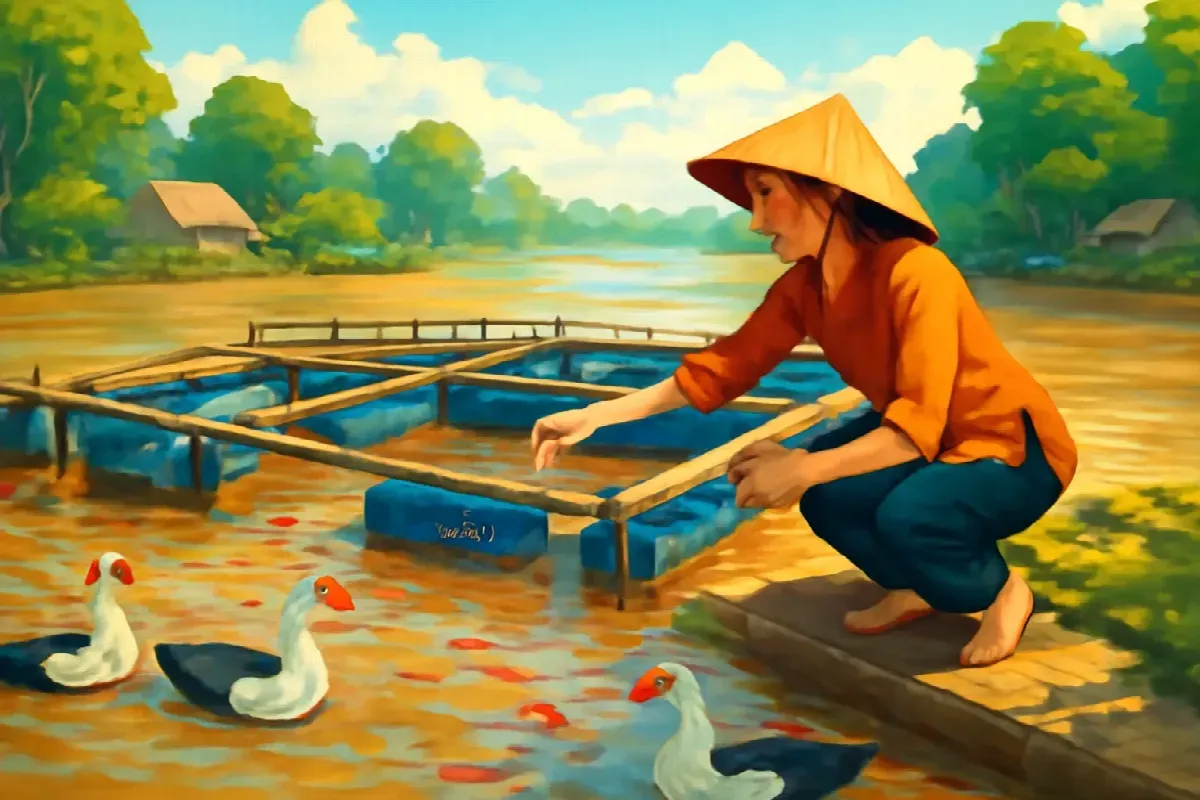 Bầy vịt xiêm giữa hai bè cá Châu Đốc