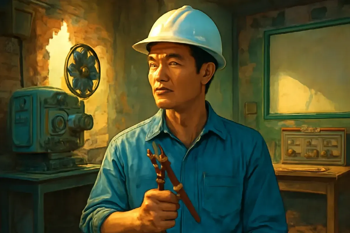 Cái kìm quấn vải ca rô sau buồng máy chiếu