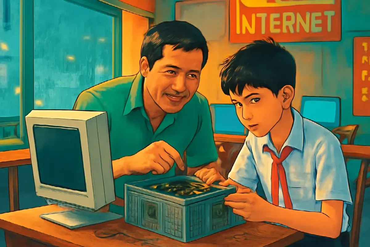 Cái tai nghe quấn băng dính ở máy mười bốn