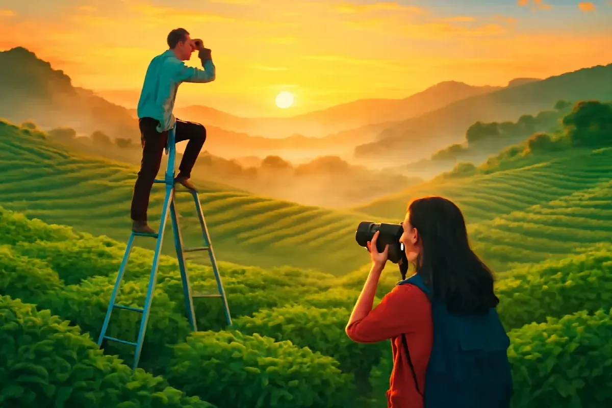 Cái thang nhôm trên đồi chè Cầu Đất