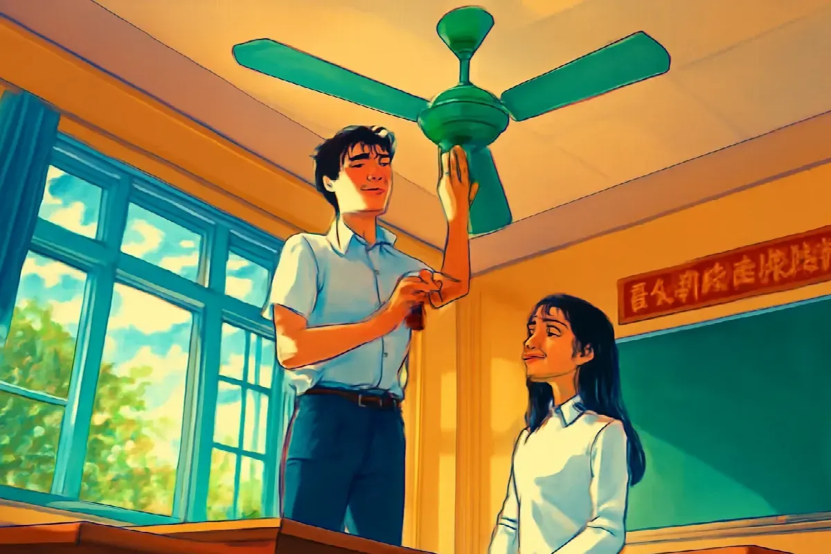 Cánh quạt trần kêu két két ở bàn thứ tư