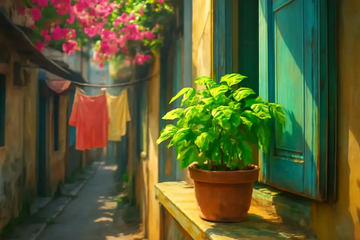 Chậu húng quế trên cửa sổ hẻm Sài Gòn
