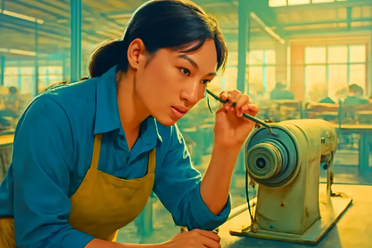 Cô thợ nghe máy ở xưởng may Dĩ An