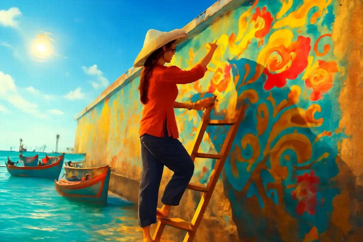 Con mèo hai màu mắt trên kè biển