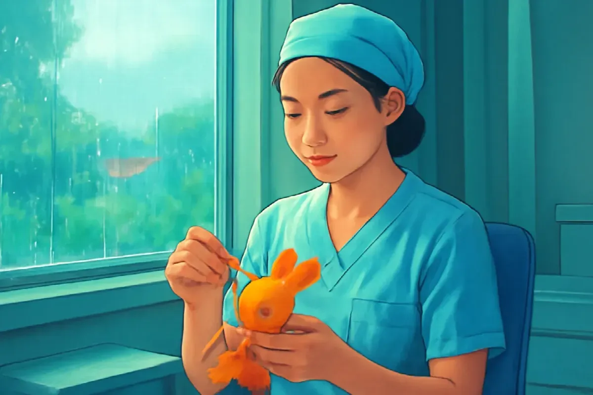 Con thỏ len màu cam có một tai khác màu