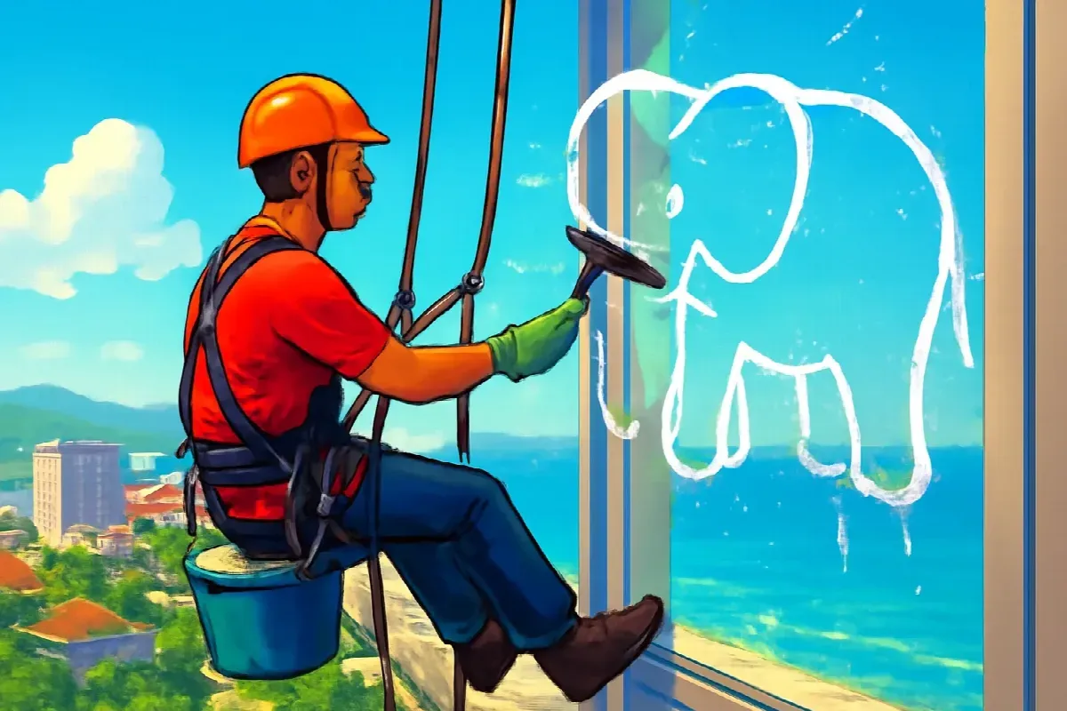 Con voi bọt xà phòng trên kính tầng hai mươi bảy
