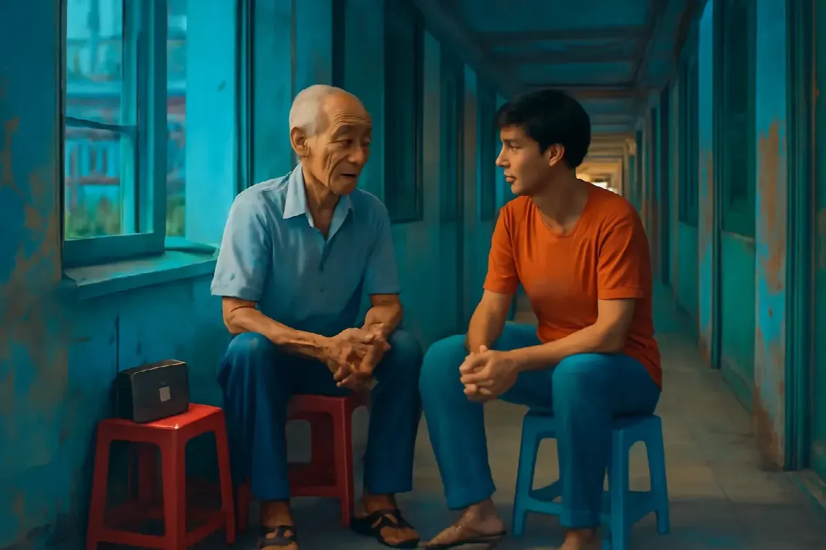 Hai cái ghế nhựa ngoài hành lang tầng bốn