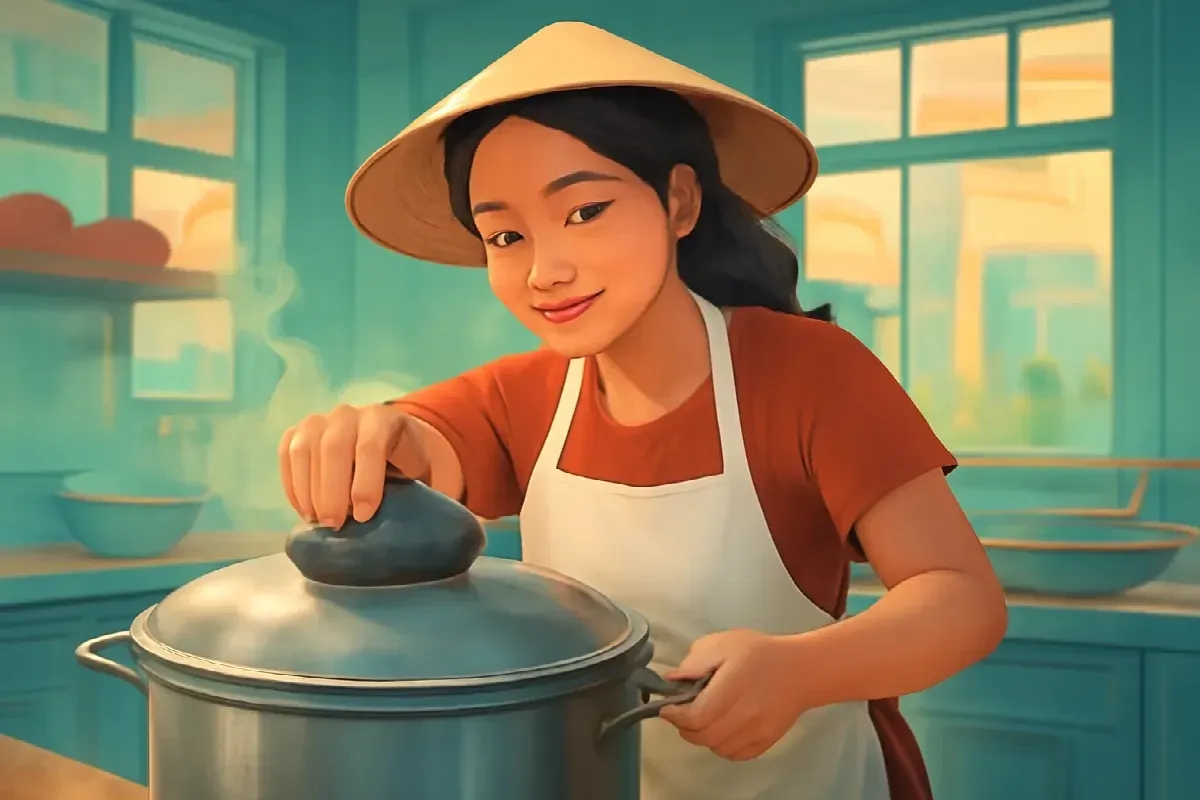Hòn đá cuội chặn nắp nồi bún bò