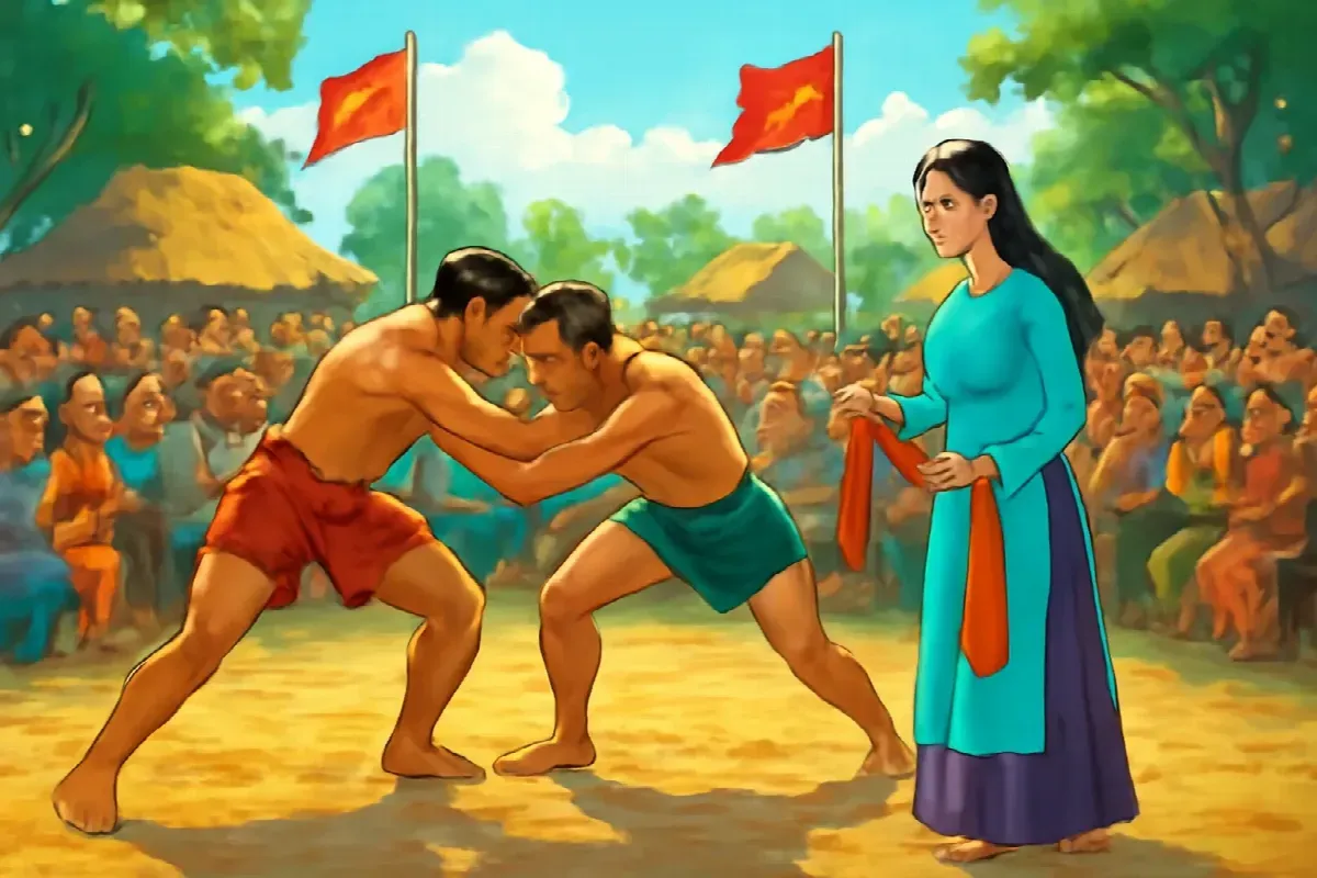 Khăn đỏ thắt lưng ở hội vật Đông Liễu
