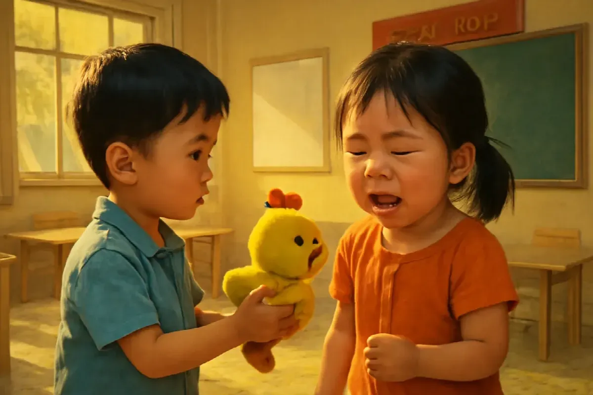 Khoai và con gà bông ngày đầu đi lớp