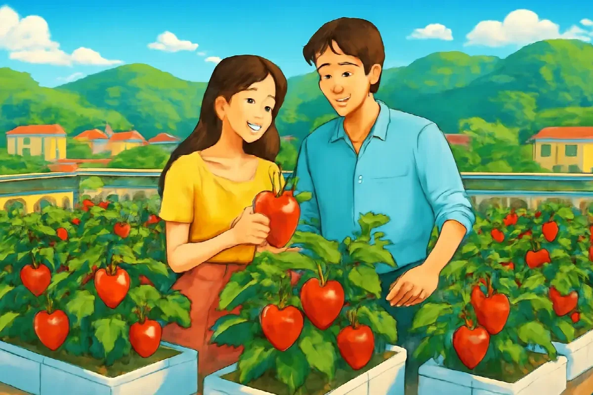 Mùa ớt chuông trên sân thượng trường làng