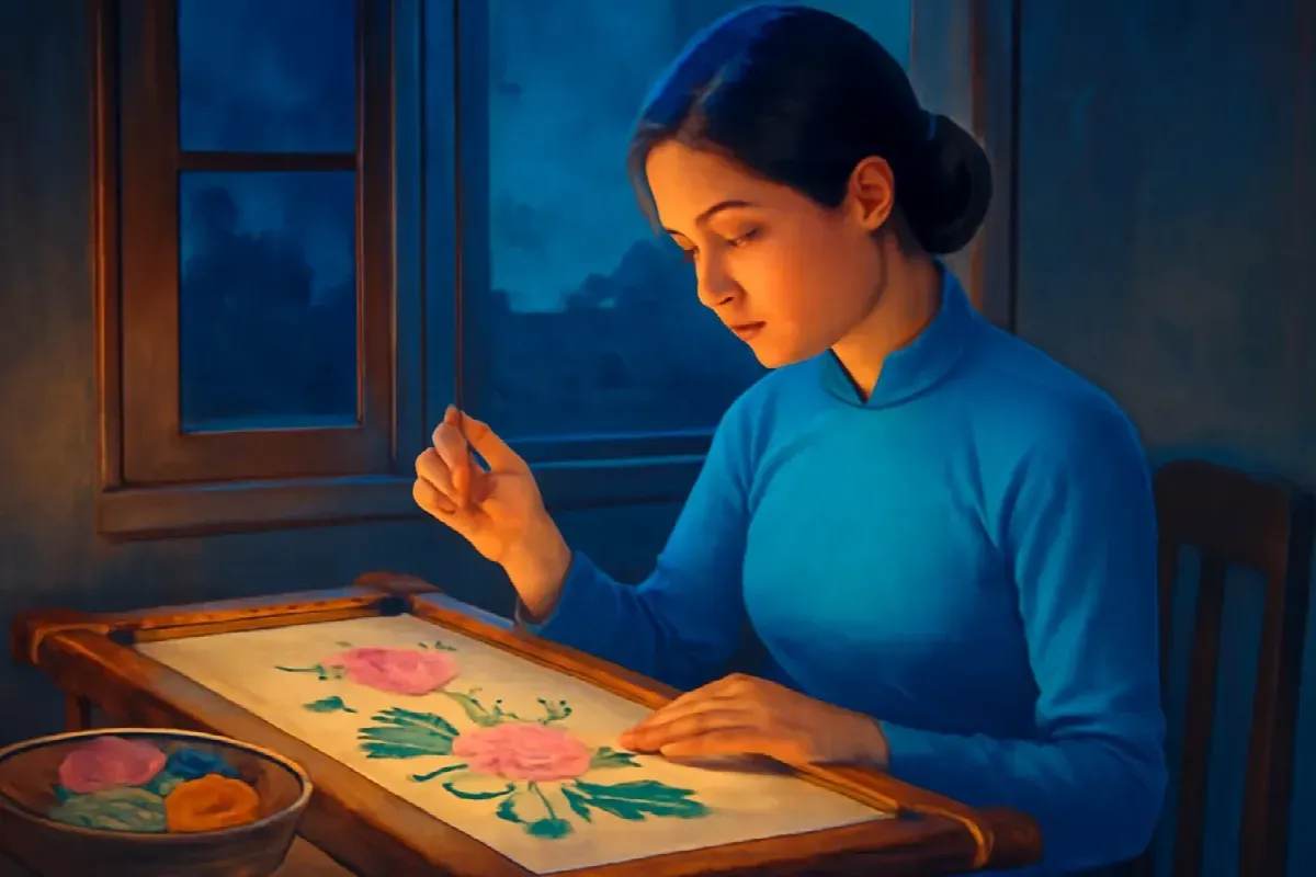 Mũi thêu ngược trên bức Sen hồ Kính
