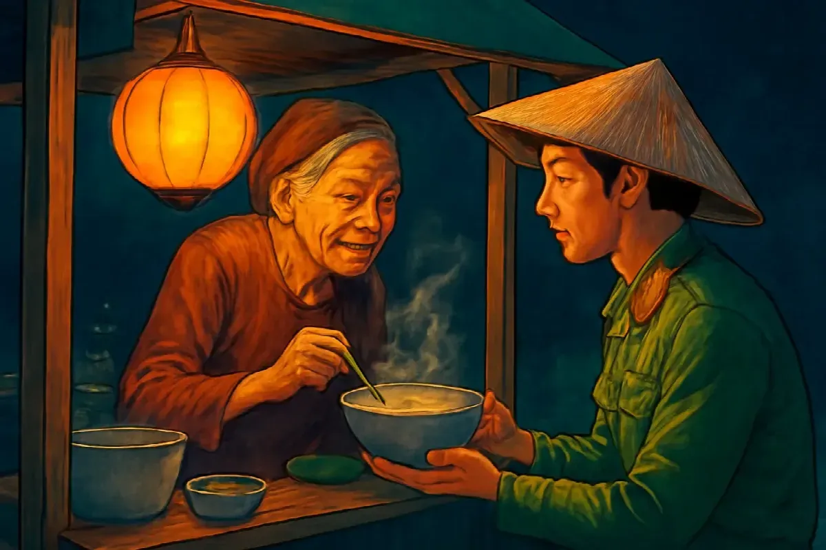 Người khách nhặt hành ở quán cháo ngã ba Cây Thị