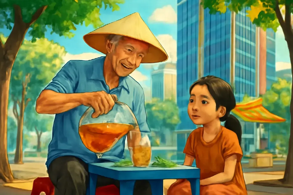 Quán trà đá trước toà nhà Phạm Hùng
