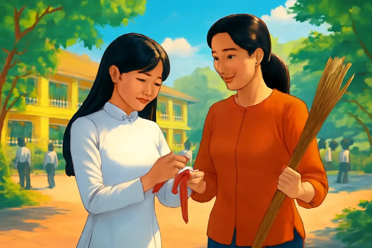 Sợi ruy băng đỏ trên chóp nón của mạ