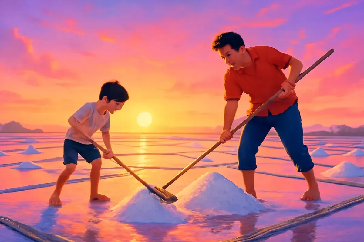 Vệt trắng trên mũ của ba ở đồng muối Hòn Khói